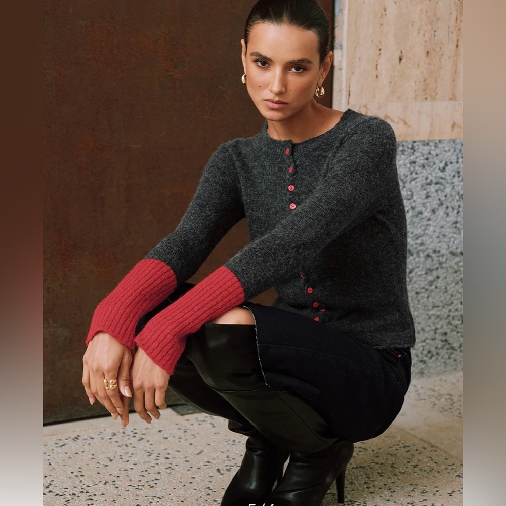 Contrast Cuff Wool-Blend Cardigan - Picture 5 of 7